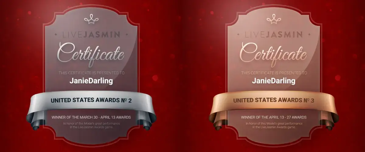 LiveJasmin certificates awarding Janie Darling 2nd and 3rd place Overall in the United States, March–April 2026